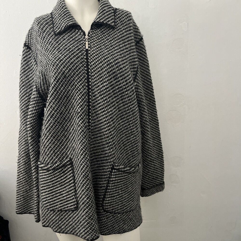 Womens Wool Check Houndstooth Sweater Jacket L Full Zip Preppy Academic Winter